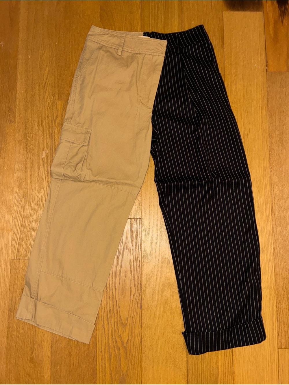 Two-Tone Split Cargo & Pinstripe Pants - Beige & Black Womens Size 2